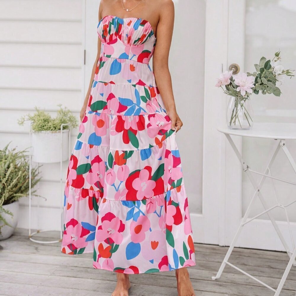 Pink Casual Women's Woven Printed Strap Dress - Picture 6 of 6